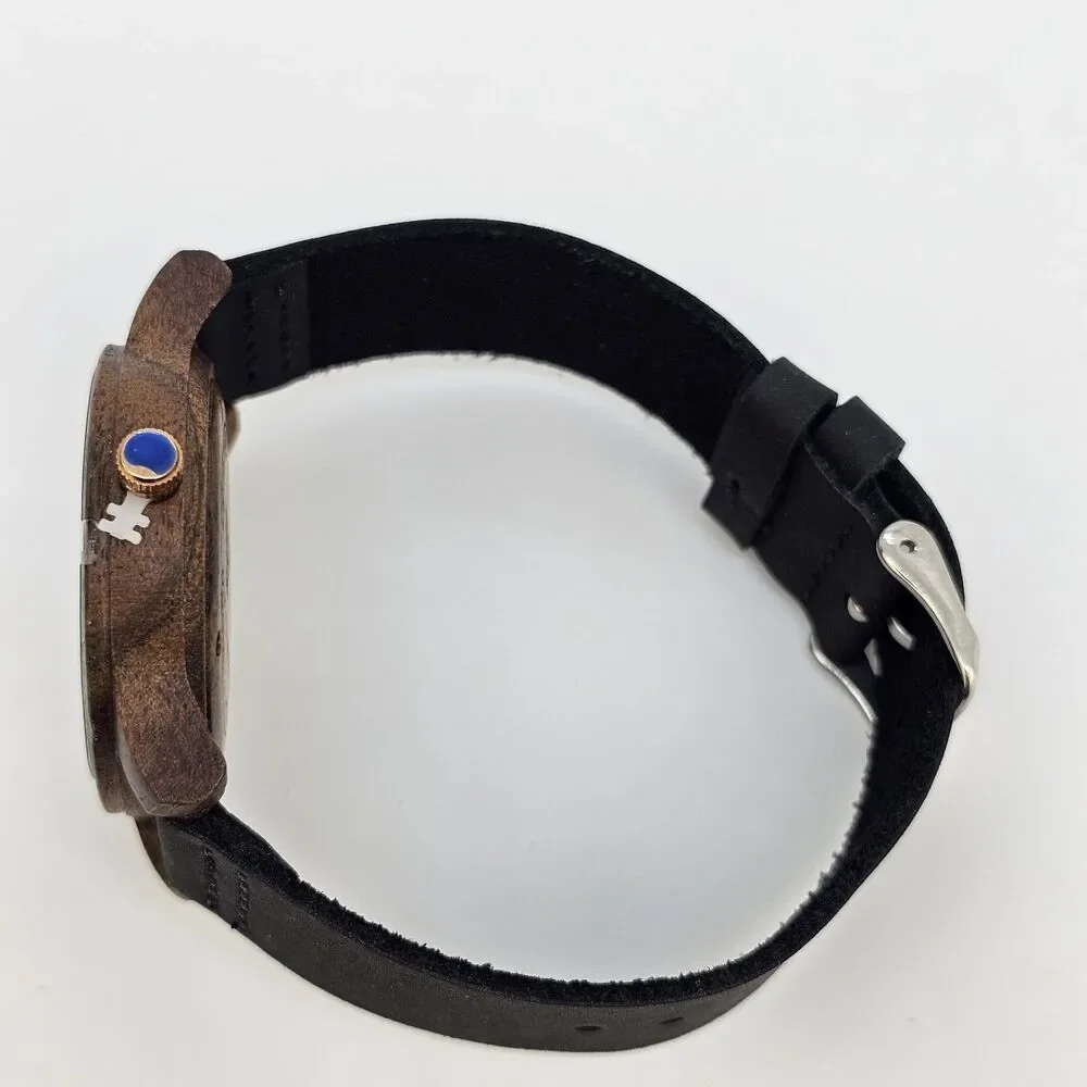 VICVS‎ Men's Wood Watch 40MM Black Dial Black Leather Bands New Battery